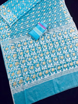 Sky Blue Color Muslin Bengali Jamdani Weaved Saree | Traditional Bengali Saree - Kaash