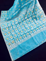 Sky Blue Color Muslin Bengali Jamdani Weaved Saree | Traditional Bengali Saree - Kaash
