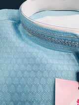 Sky Blue Color Raw Silk Kurta Pajama for Men in Self Design - Kaash