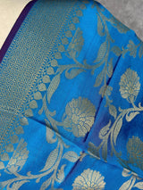 Sky Blue Handmade Floral Jaal Muted Gold Zari Banarasi Weaved Dupatta | Floral Silk Dupatta | | Dupattas for Gifts - Kaash