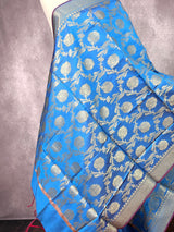 Sky Blue Handmade Floral Jaal Muted Gold Zari Banarasi Weaved Dupatta | Floral Silk Dupatta | | Dupattas for Gifts - Kaash