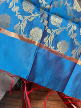 Sky Blue Handmade Floral Jaal Muted Gold Zari Banarasi Weaved Dupatta | Floral Silk Dupatta | | Dupattas for Gifts - Kaash