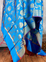 Sky Blue Handmade Floral Jaal Muted Gold Zari Banarasi Weaved Dupatta | Floral Silk Dupatta | | Dupattas for Gifts - Kaash