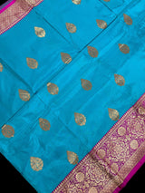 Sky Blue Pure Katan Silk Saree with Hot Pink Border and Pallu - Pure Silk Sarees - SILK MARK CERTIFIED - Kaash