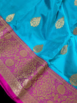 Sky Blue Pure Katan Silk Saree with Hot Pink Border and Pallu - Pure Silk Sarees - SILK MARK CERTIFIED - Kaash