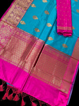 Sky Blue Pure Katan Silk Saree with Hot Pink Border and Pallu - Pure Silk Sarees - SILK MARK CERTIFIED - Kaash