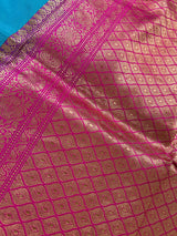 Sky Blue Pure Katan Silk Saree with Hot Pink Border and Pallu - Pure Silk Sarees - SILK MARK CERTIFIED - Kaash