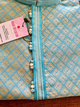 Sky Blue Soft Raw Silk designer Men Kurta Pajama with Self Design material with facy buttons - Kaash