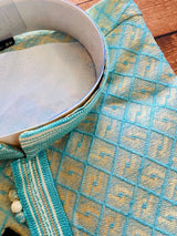 Sky Blue Soft Raw Silk designer Men Kurta Pajama with Self Design material with facy buttons - Kaash