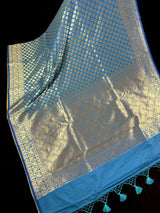 Sky Blue withBeige Gold Half n Half Traditional Banarasi Handloom Saree | Banarasi Silk Saree - Kaash