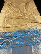 Sky Blue withBeige Gold Half n Half Traditional Banarasi Handloom Saree | Banarasi Silk Saree - Kaash