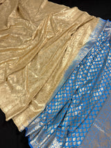 Sky Blue withBeige Gold Half n Half Traditional Banarasi Handloom Saree | Banarasi Silk Saree - Kaash
