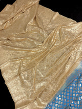 Sky Blue withBeige Gold Half n Half Traditional Banarasi Handloom Saree | Banarasi Silk Saree - Kaash