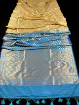 Sky Blue withBeige Gold Half n Half Traditional Banarasi Handloom Saree | Banarasi Silk Saree - Kaash