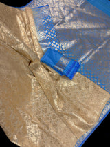 Sky Blue withBeige Gold Half n Half Traditional Banarasi Handloom Saree | Banarasi Silk Saree - Kaash