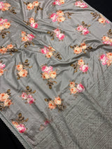 Slate Grey Lucknowi Banarasi saree in soft satin silk with floral print with lucknowi embroidery & crochet lace — Kaash Collection