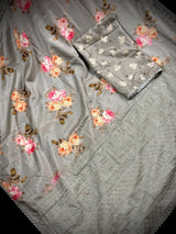 Slate Grey Lucknowi Banarasi saree in soft satin silk with floral print with lucknowi embroidery & crochet lace — Kaash Collection