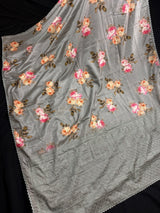 Slate Grey Lucknowi Banarasi saree in soft satin silk with floral print with lucknowi embroidery & crochet lace — Kaash Collection