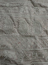 Slate Grey Lucknowi Banarasi saree in soft satin silk with floral print with lucknowi embroidery & crochet lace — Kaash Collection