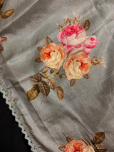 Slate Grey Lucknowi Banarasi saree in soft satin silk with floral print with lucknowi embroidery & crochet lace — Kaash Collection