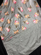 Slate Grey Lucknowi Banarasi saree in soft satin silk with floral print with lucknowi embroidery & crochet lace — Kaash Collection