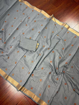 Slate Grey Cotton Tissue saree in cotton with floral embroidery with tissue borders — Kaash Collection
