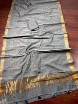 Slate Grey Cotton Tissue saree in cotton with floral embroidery with tissue borders — Kaash Collection