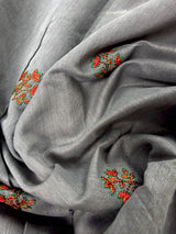 Slate Grey Cotton Tissue saree in cotton with floral embroidery with tissue borders — Kaash Collection