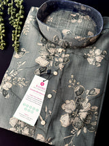 Slate Grey men's kurta pajama in cotton silk with floral digital prints — Kaash Collection