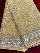 Beige soft organza silk dupatta with muted gold zari, embroidery & sequins — Kaash Collection