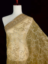 Beige soft organza silk dupatta with muted gold zari, embroidery & sequins — Kaash Collection