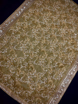 Beige soft organza silk dupatta with muted gold zari, embroidery & sequins — Kaash Collection