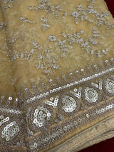 Beige soft organza silk dupatta with muted gold zari, embroidery & sequins — Kaash Collection