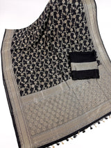 Statement Black banarasi semi chiffon georgette silk saree with muted silver zari weave — Kaash Collection