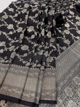 Statement Black banarasi semi chiffon georgette silk saree with muted silver zari weave — Kaash Collection