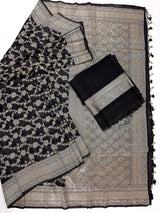 Statement Black banarasi semi chiffon georgette silk saree with muted silver zari weave — Kaash Collection