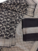 Statement Black banarasi semi chiffon georgette silk saree with muted silver zari weave — Kaash Collection