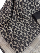 Statement Black banarasi semi chiffon georgette silk saree with muted silver zari weave — Kaash Collection