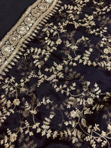 Black soft organza silk dupatta with muted gold zari, embroidery & sequin — Kaash Collection