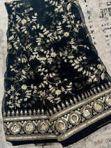 Black soft organza silk dupatta with muted gold zari, embroidery & sequin — Kaash Collection