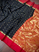 Statement Black Color Saree with Red Color Satin Patta border - Kaash