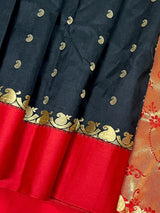 Statement Black Color Saree with Red Color Satin Patta border - Kaash