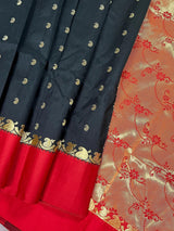 Statement Black Color Saree with Red Color Satin Patta border - Kaash