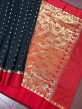 Statement Black Color Saree with Red Color Satin Patta border - Kaash