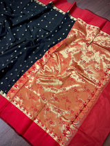 Statement Black Color Saree with Red Color Satin Patta border - Kaash