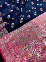Blue Banarasi saree in banarasi semi katan silk with meenakari with silver zari weave — Kaash Collection