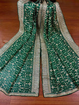 Statement Bottle Green Color Organza Silk Dupatta with Muted Gold Zari, Embroidery and Sequin - Kaash