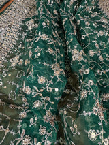 Statement Bottle Green Color Organza Silk Dupatta with Muted Gold Zari, Embroidery and Sequin - Kaash