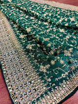 Statement Bottle Green Color Organza Silk Dupatta with Muted Gold Zari, Embroidery and Sequin - Kaash