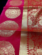 Bright Pink Banarasi Soft Silk saree in banarasi soft silk with floral jaal with big chakra design border — Kaash Collection
